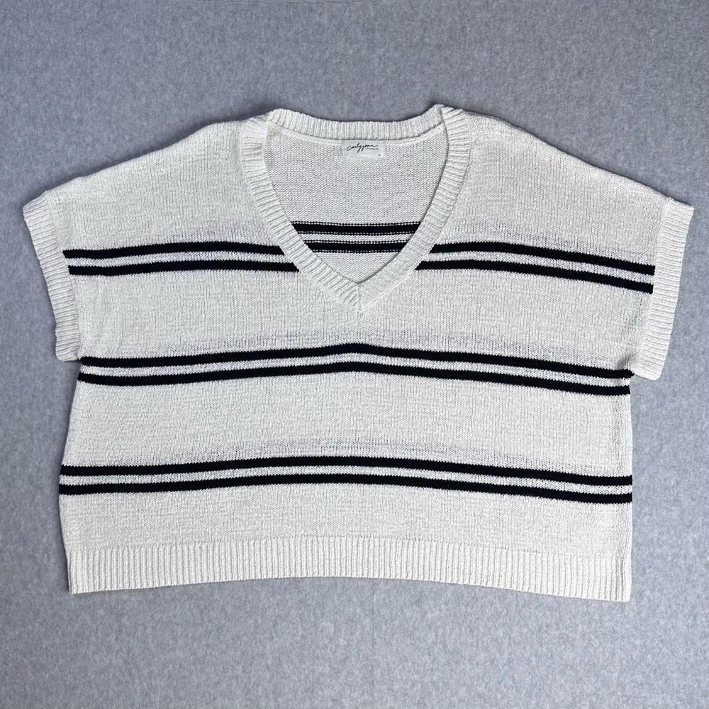 Carly Jean Los Angeles V-Neck Sweater White with Black Stripes